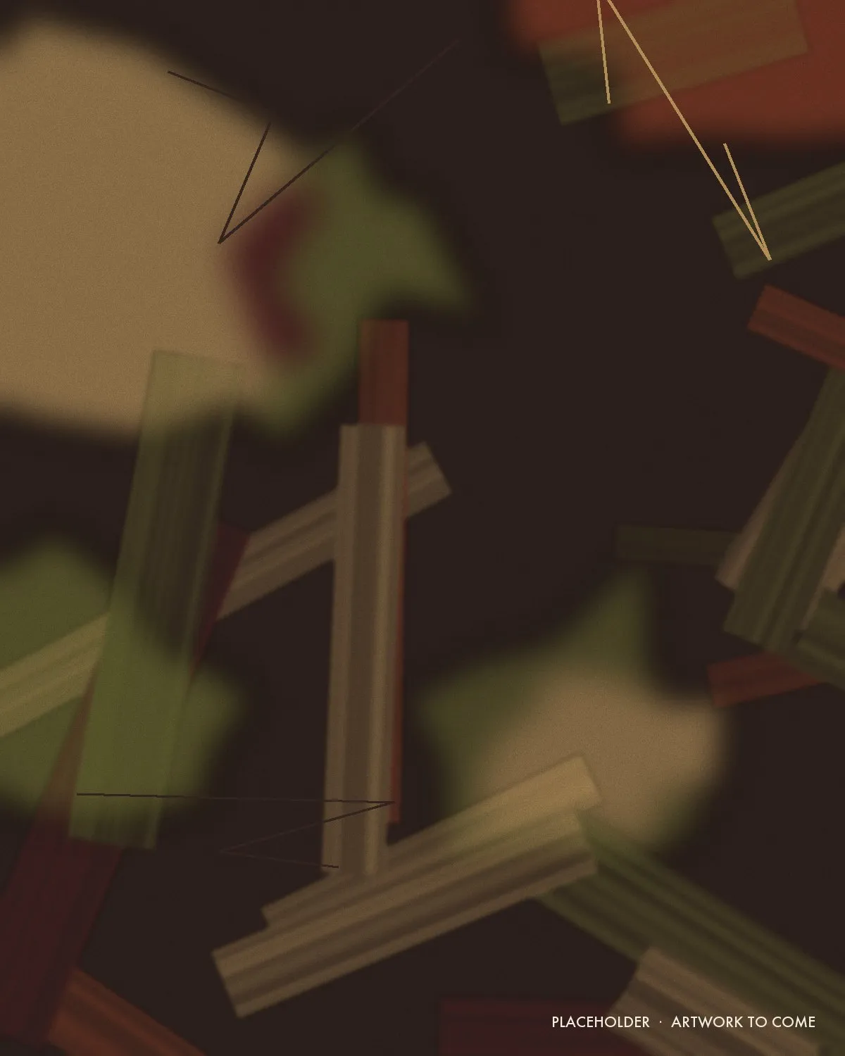Placeholder artwork: deep brown ground with oxblood, olive, and brass marks, standing in for a painting.